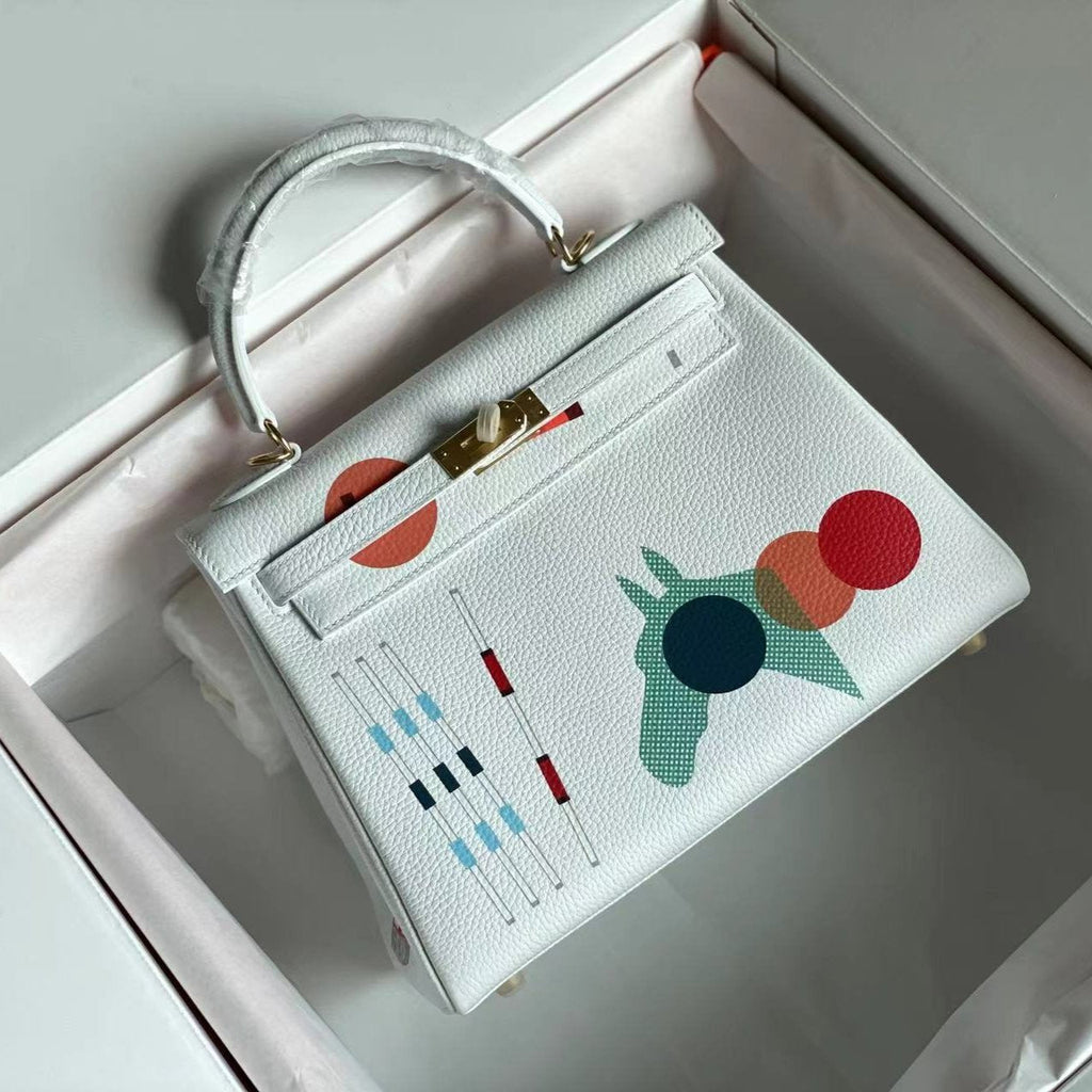 HERMES BIRKIN 25 BAG IN WHITE CALFSKIN WITH COLORFUL STICKER