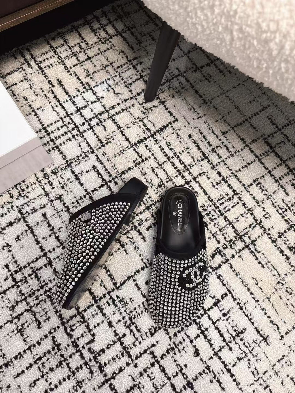 CHANEL FLAT MULE IN  BLACK SUEDE WITH CRYSTALS