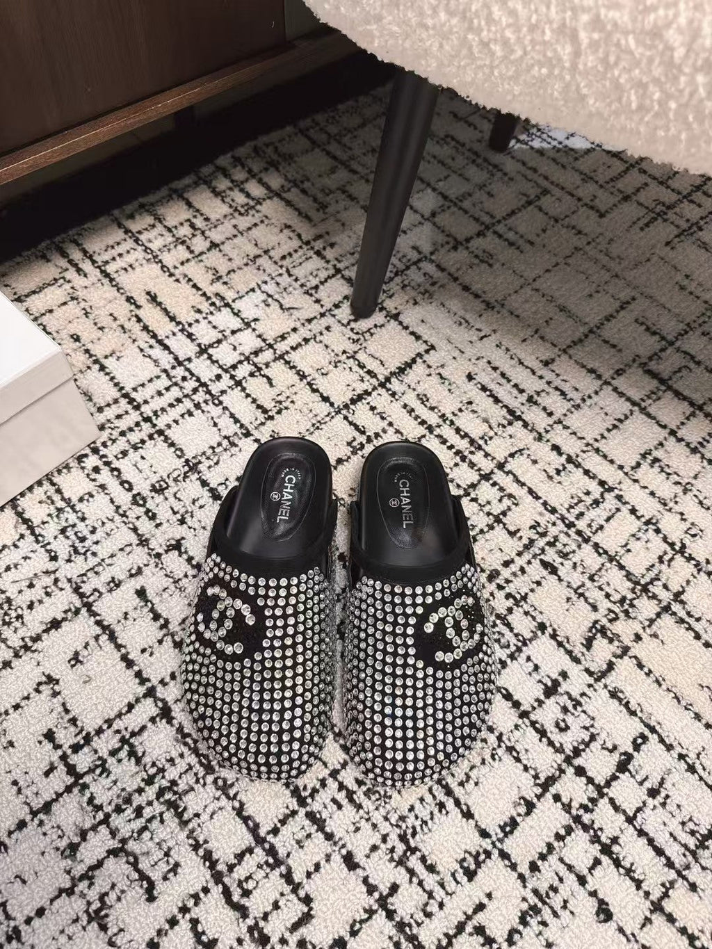 CHANEL FLAT MULE IN  BLACK SUEDE WITH CRYSTALS