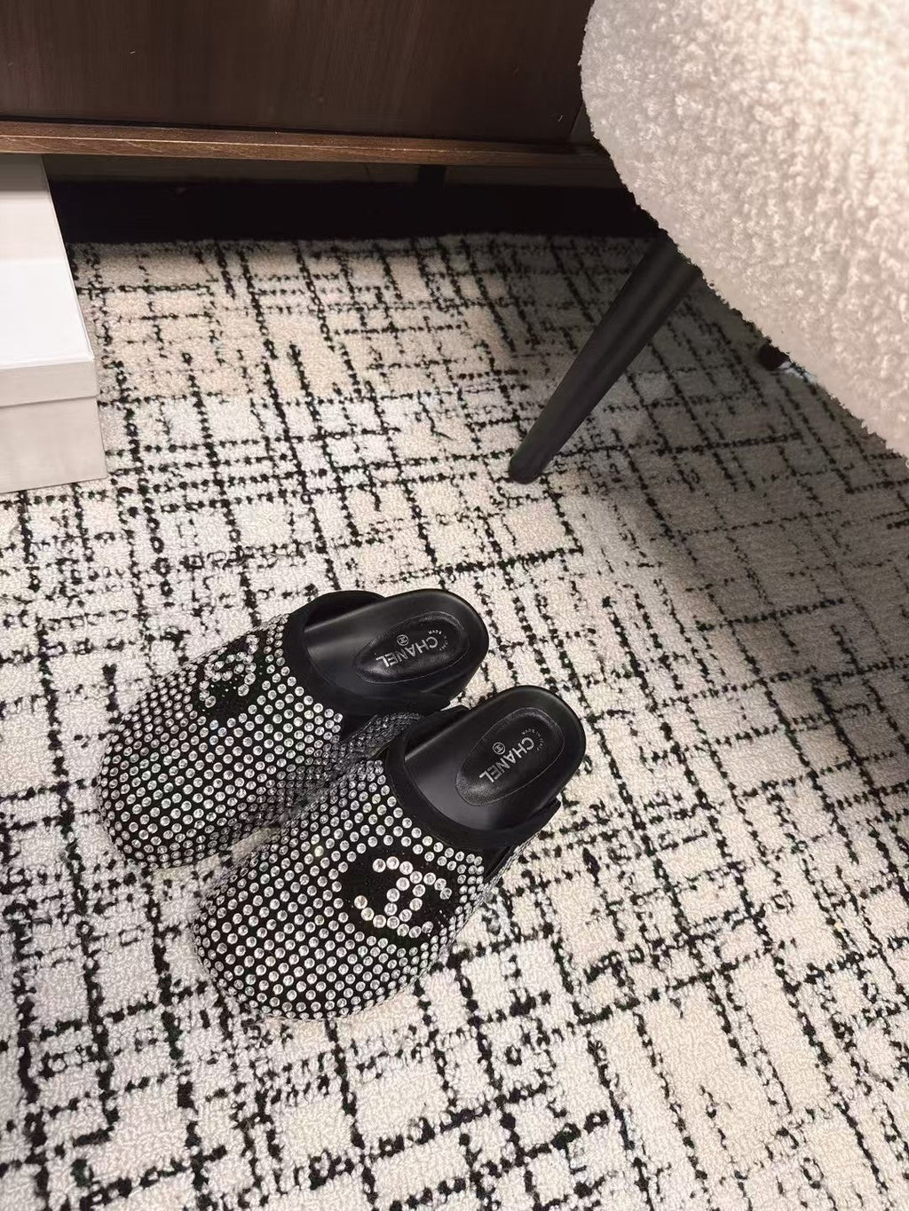 CHANEL FLAT MULE IN  BLACK SUEDE WITH CRYSTALS
