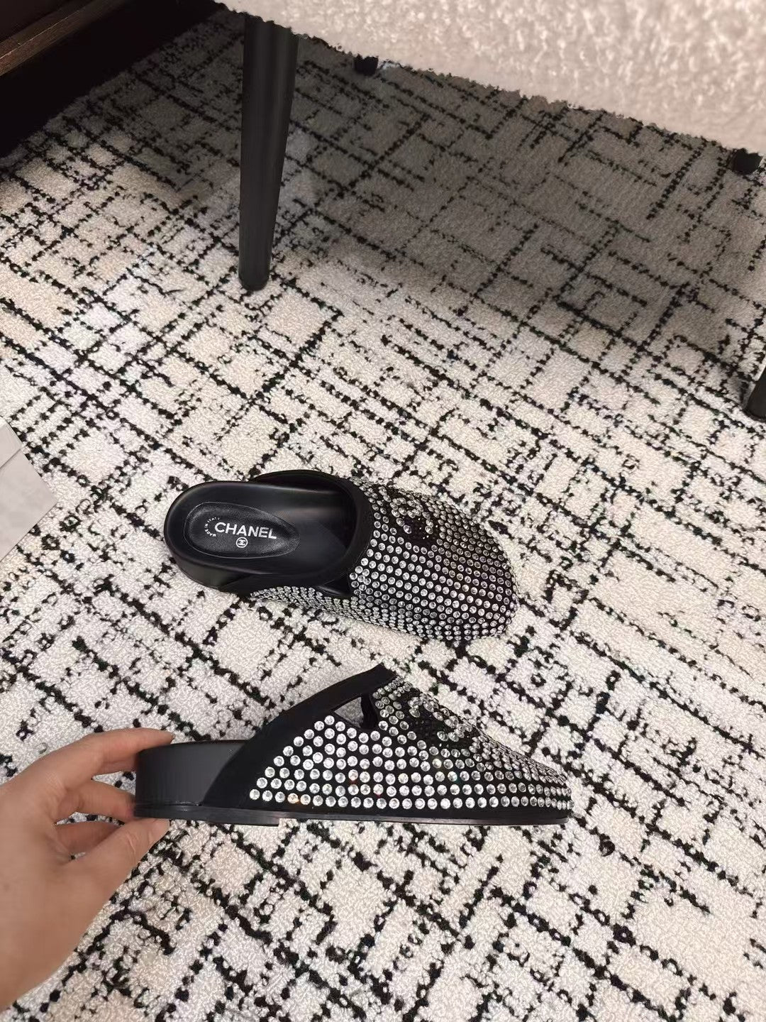 CHANEL FLAT MULE IN  BLACK SUEDE WITH CRYSTALS