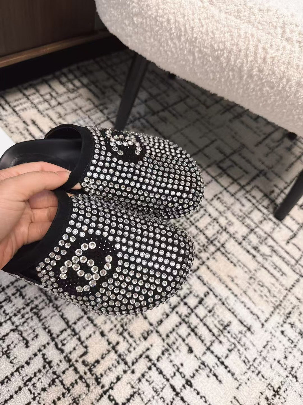 CHANEL FLAT MULE IN  BLACK SUEDE WITH CRYSTALS