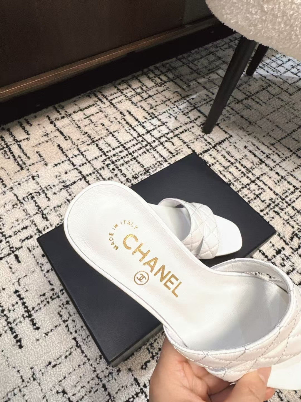 CHANEL MID HEEL MULES IN WHITE SHEEPSKIN