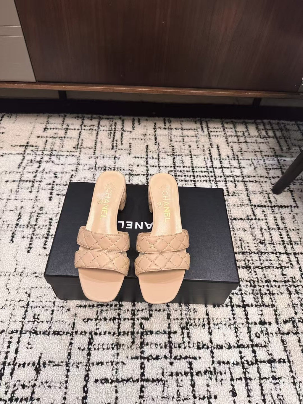 CHANEL MID HEEL MULES IN MACAROON BEIGE SHEEPSKIN