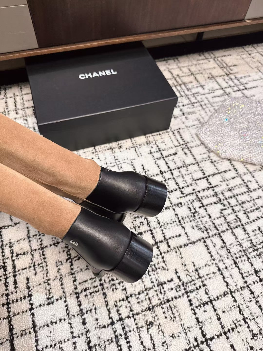 CHANEL HIGH BOOTS IN TAN BROWN SUEDE MIX BLACK CALFSKIN