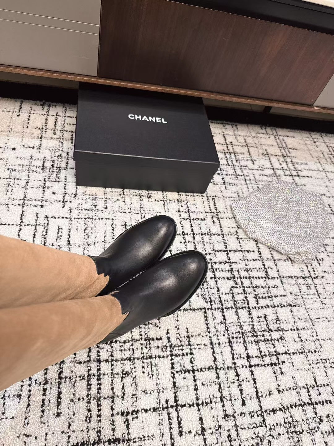 CHANEL HIGH BOOTS IN TAN BROWN SUEDE MIX BLACK CALFSKIN