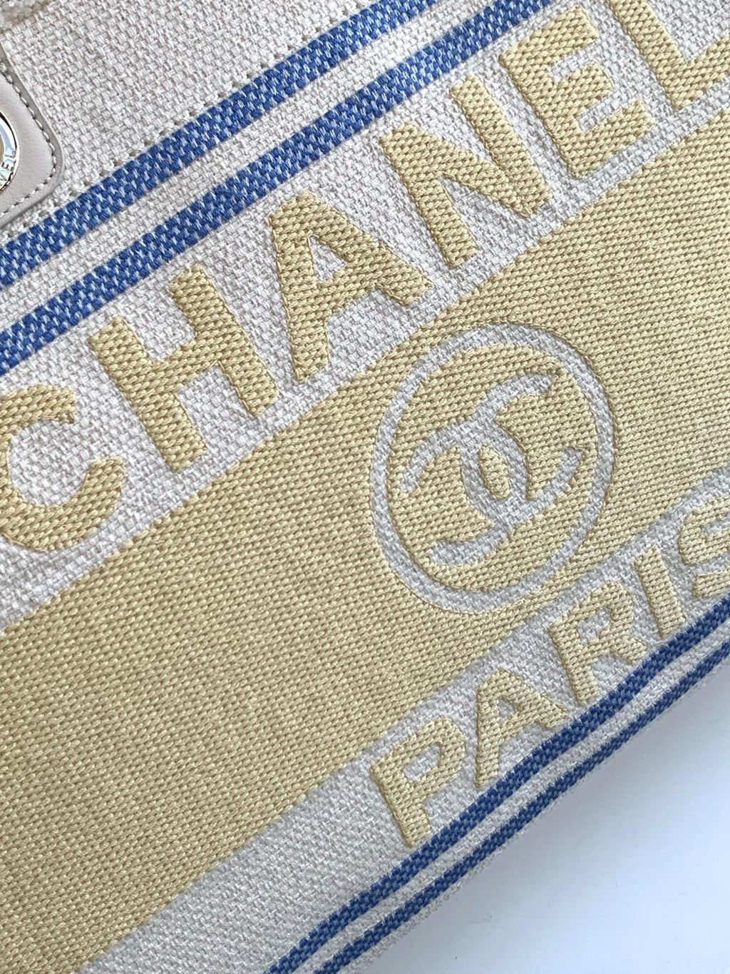 CHANEL SHOPPING BAG 38 IN WHITE BLUE AND YELLOW CANVAS