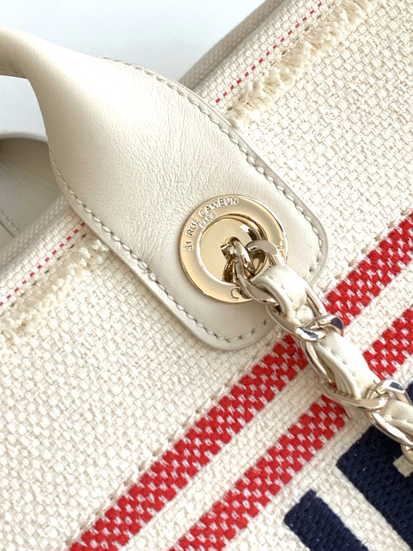 CHANEL SHOPPING BAG 38 IN WHITE RED AND NAVY BLUE CANVAS