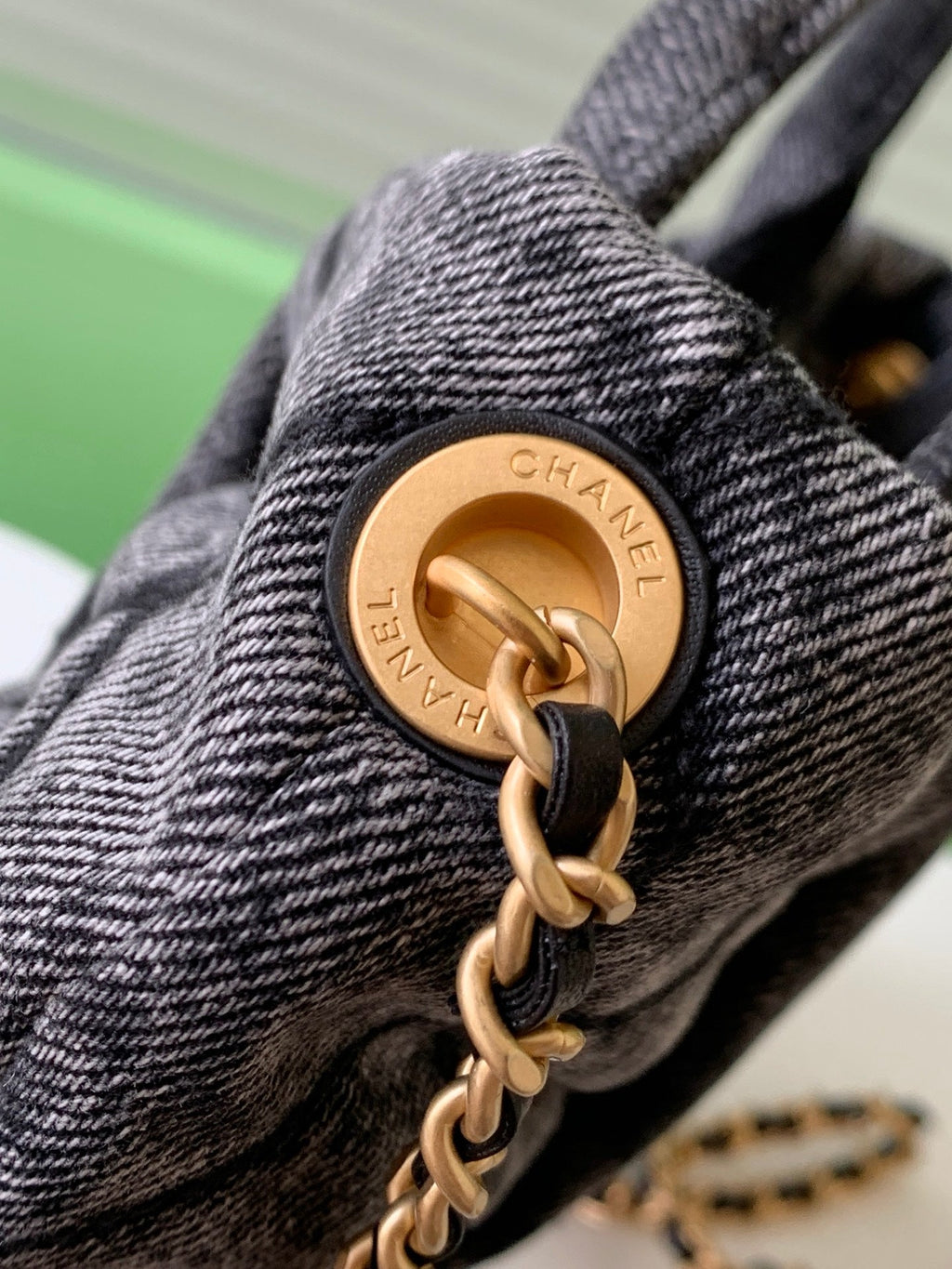 CHANEL 25S MAXI BOW BAG 26 IN DARK GREY DENIM WITH GOLD HARDWARE