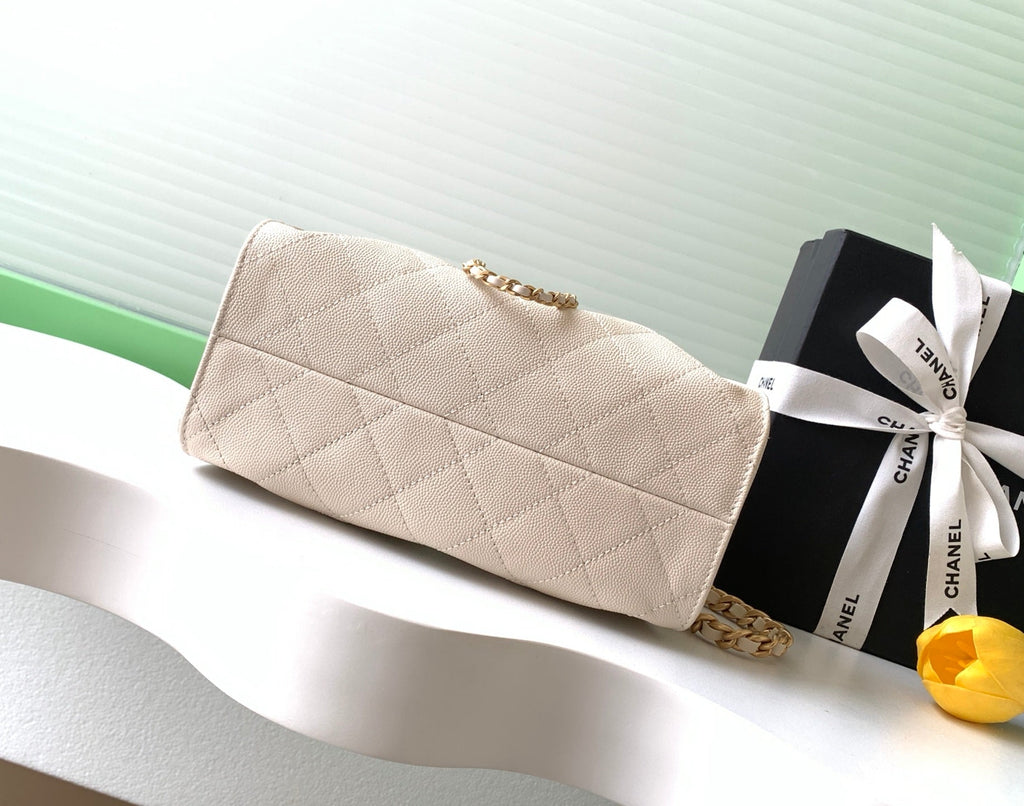 CHANEL 25S HOBO BAG 22 IN LIGHT BEIGE CAVIAR LEATHER WITH GOLD HARDWARE