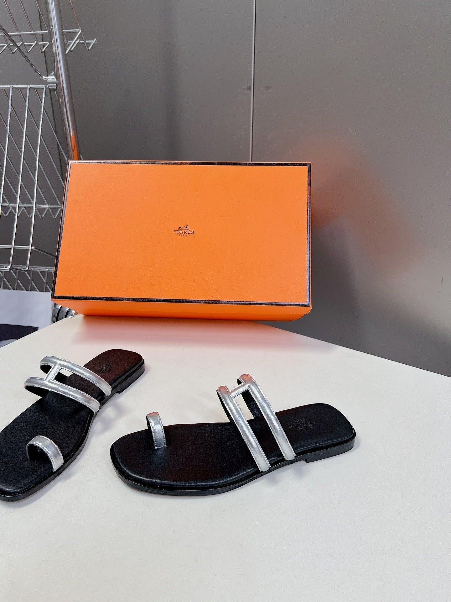 HERMES Georgia Sandals Silver Black Calfskin