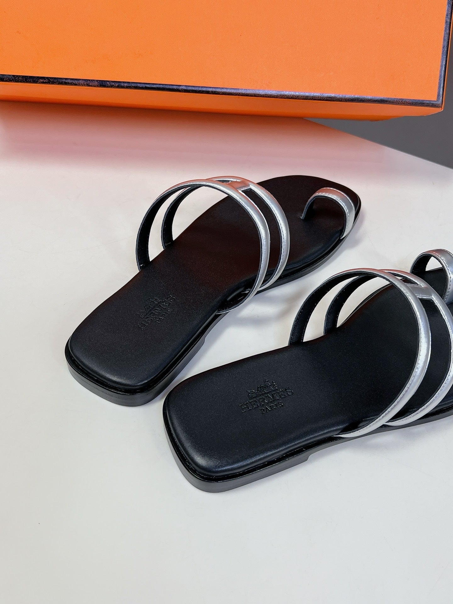 HERMES Georgia Sandals Silver Black Calfskin