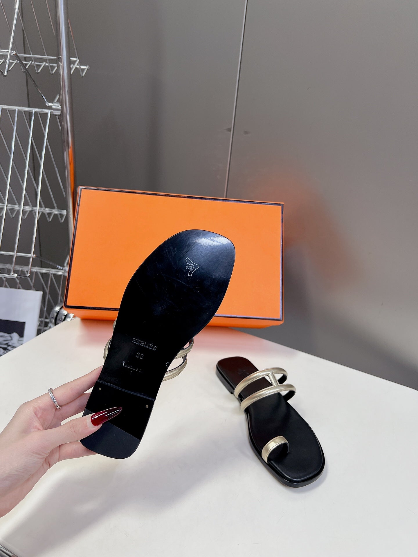 HERMES Georgia Sandals Gold Black Calfskin