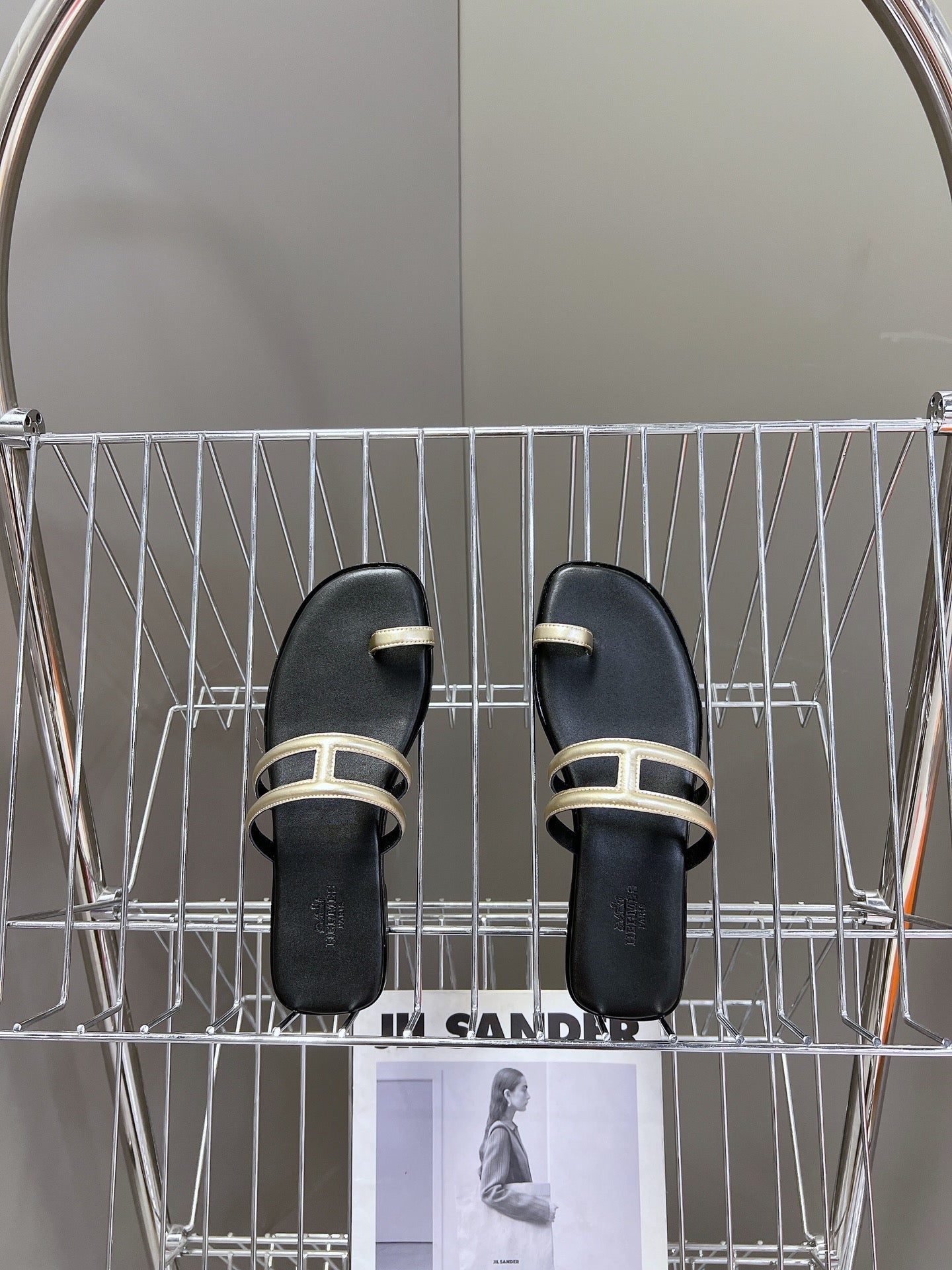 HERMES Georgia Sandals Gold Black Calfskin