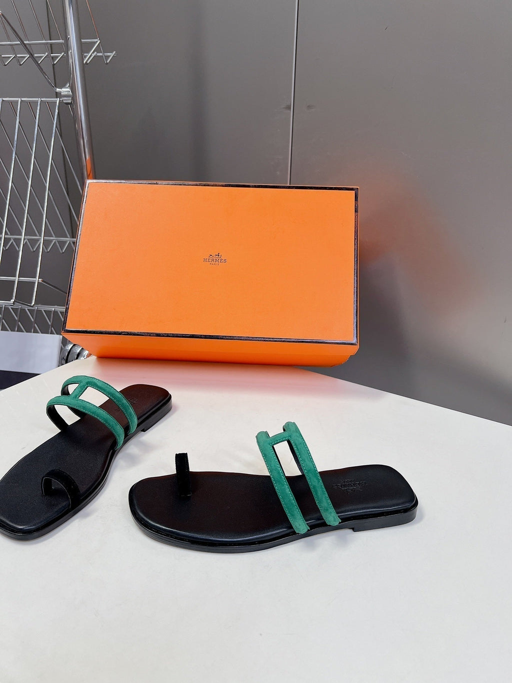 HERMES Georgia Sandals Teal Suede Black Calfskin