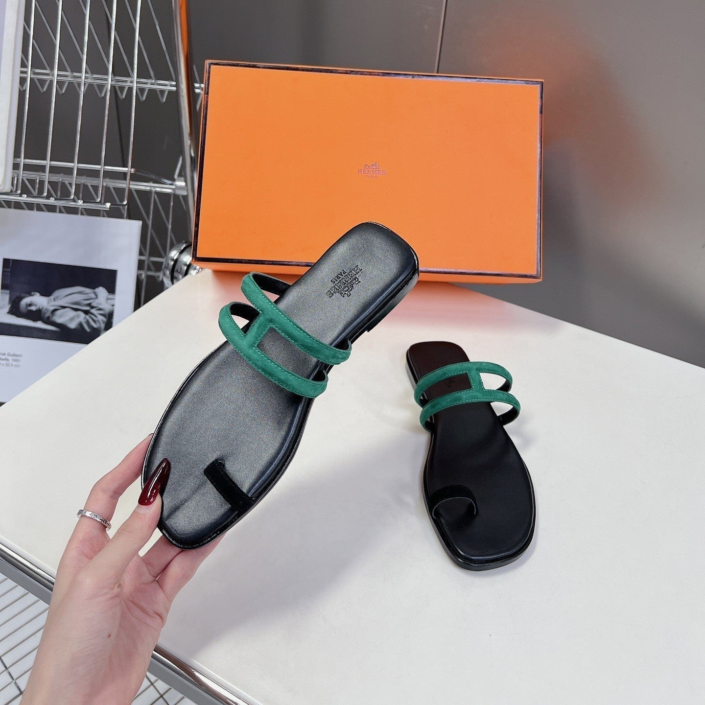 HERMES Georgia Sandals Teal Suede Black Calfskin