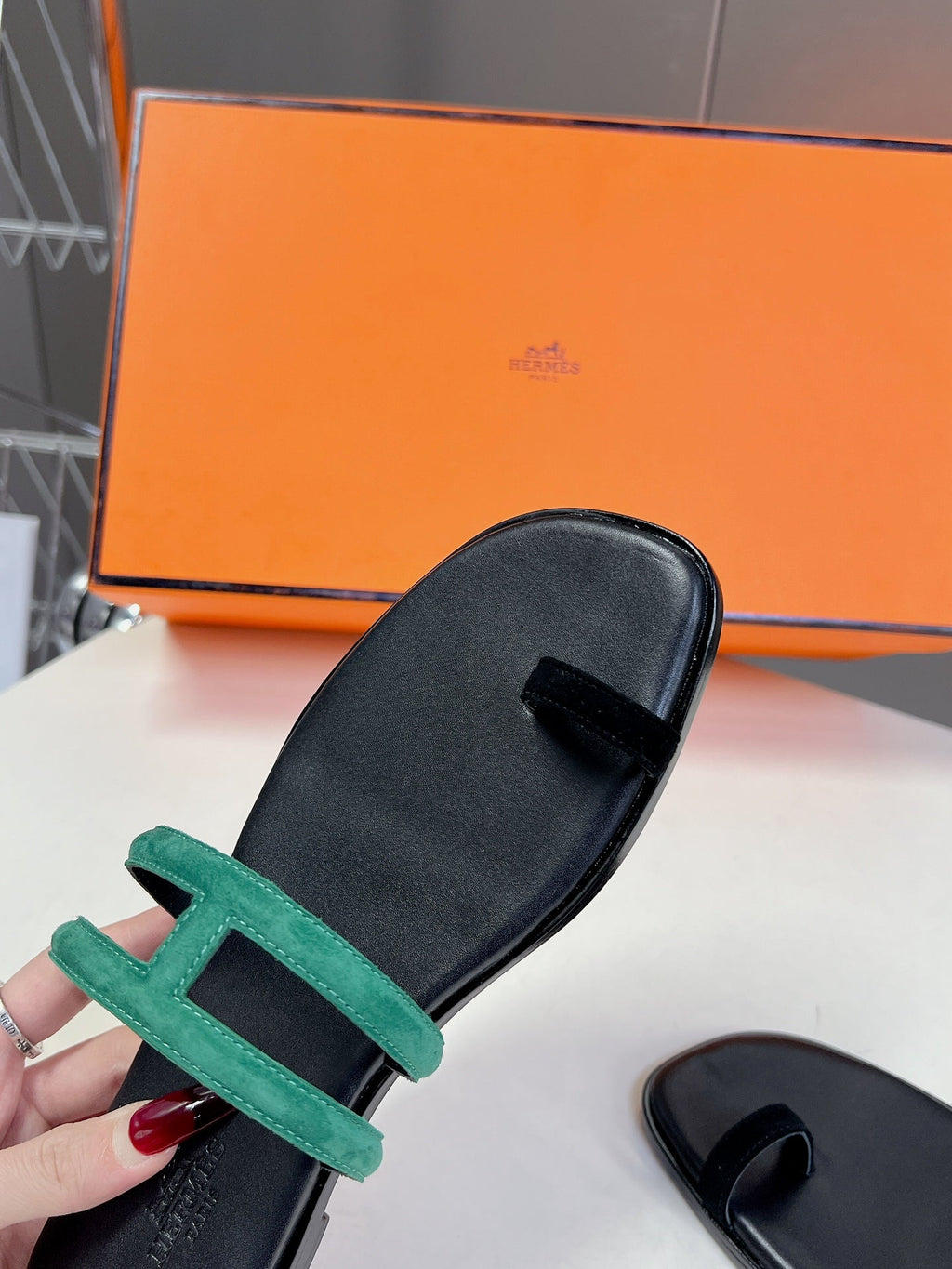 HERMES Georgia Sandals Teal Suede Black Calfskin