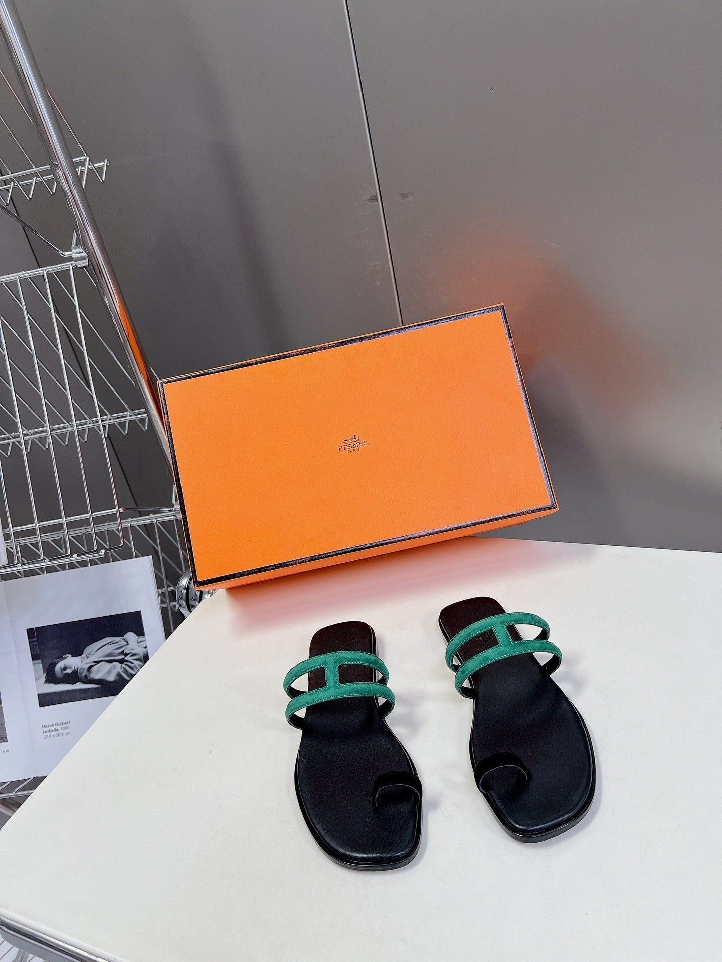 HERMES Georgia Sandals Teal Suede Black Calfskin