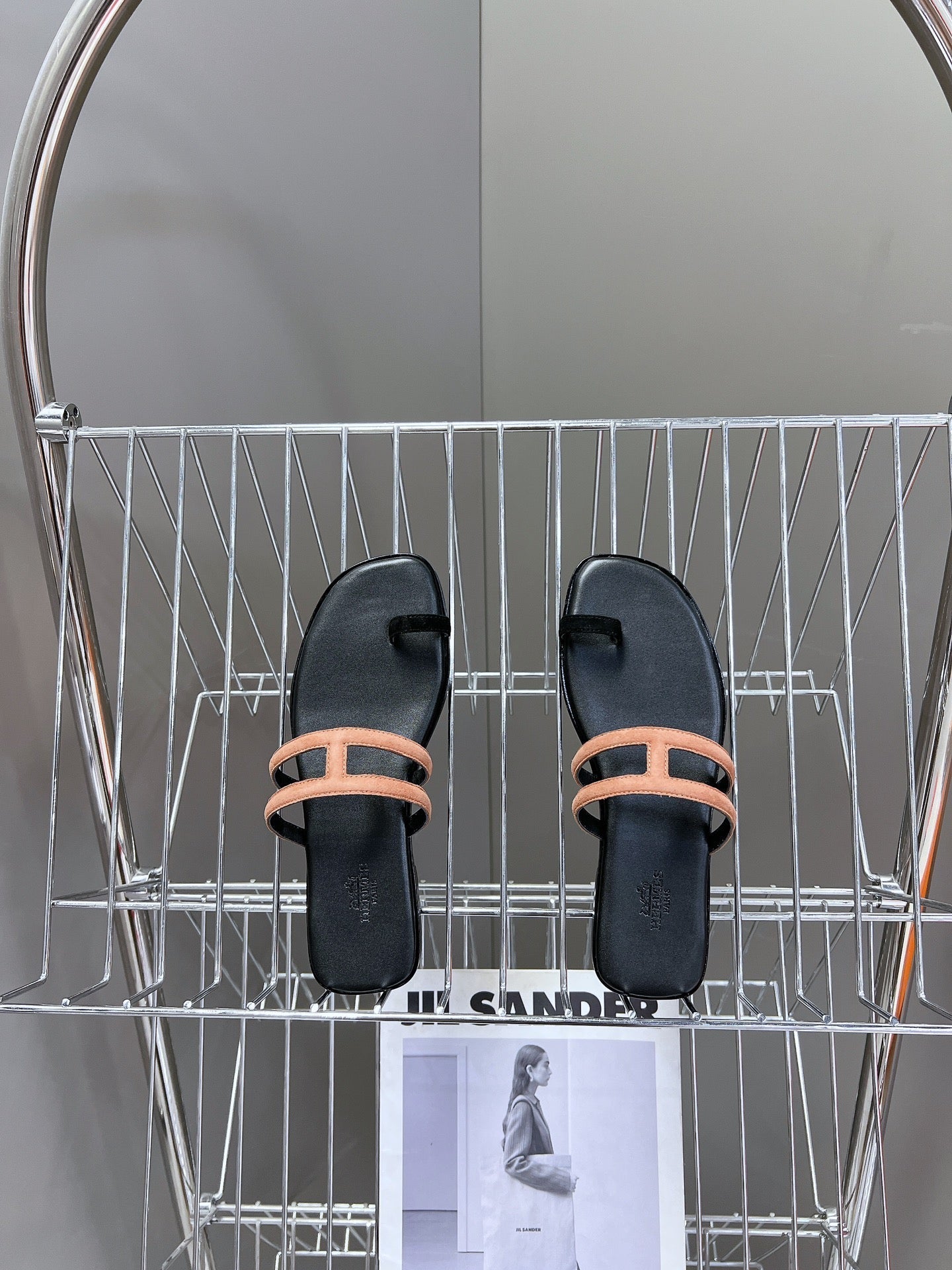 HERMES Georgia Sandals Peach Suede Black Calfskin