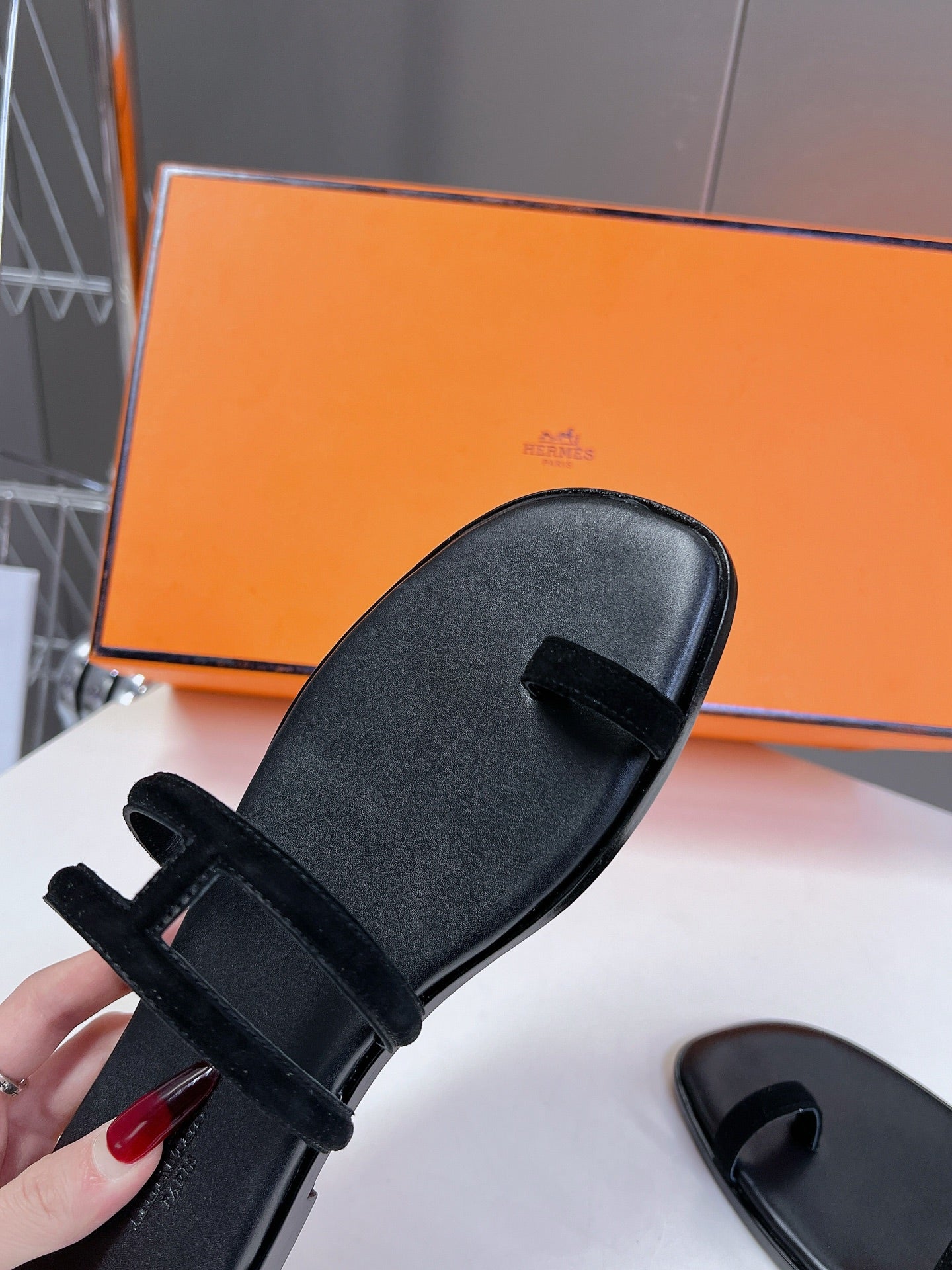 HERMES Georgia Sandals Black Suede Black Calfskin