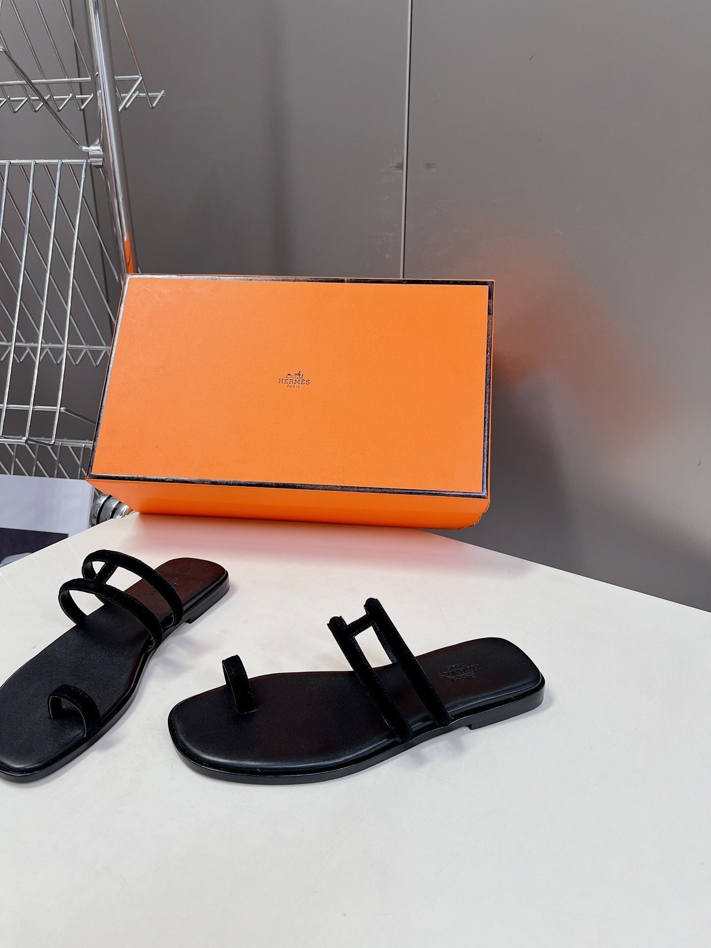 HERMES Georgia Sandals Black Suede Black Calfskin