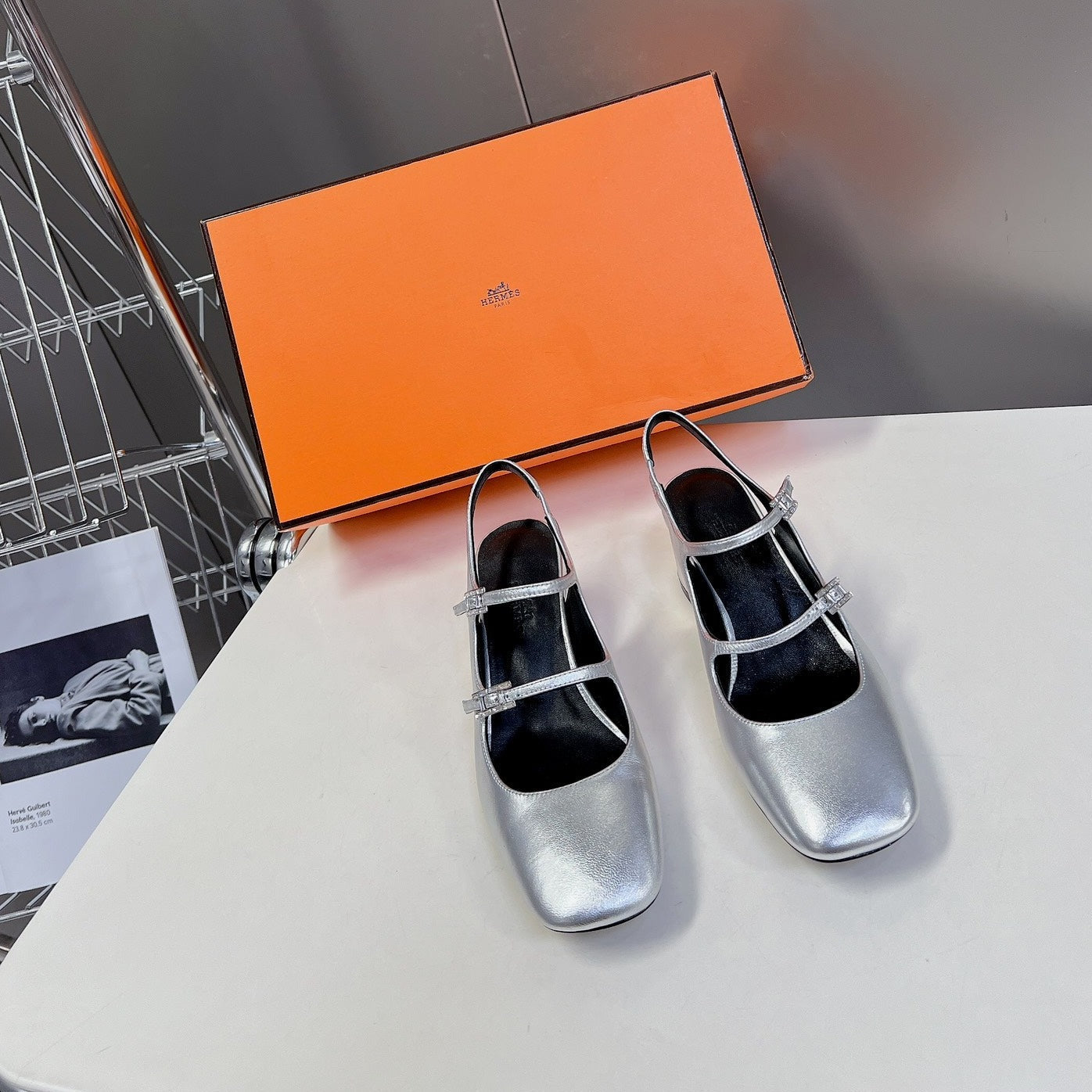 HERMES JACKIE 50 PUMP SILVER LAMBSKIN
