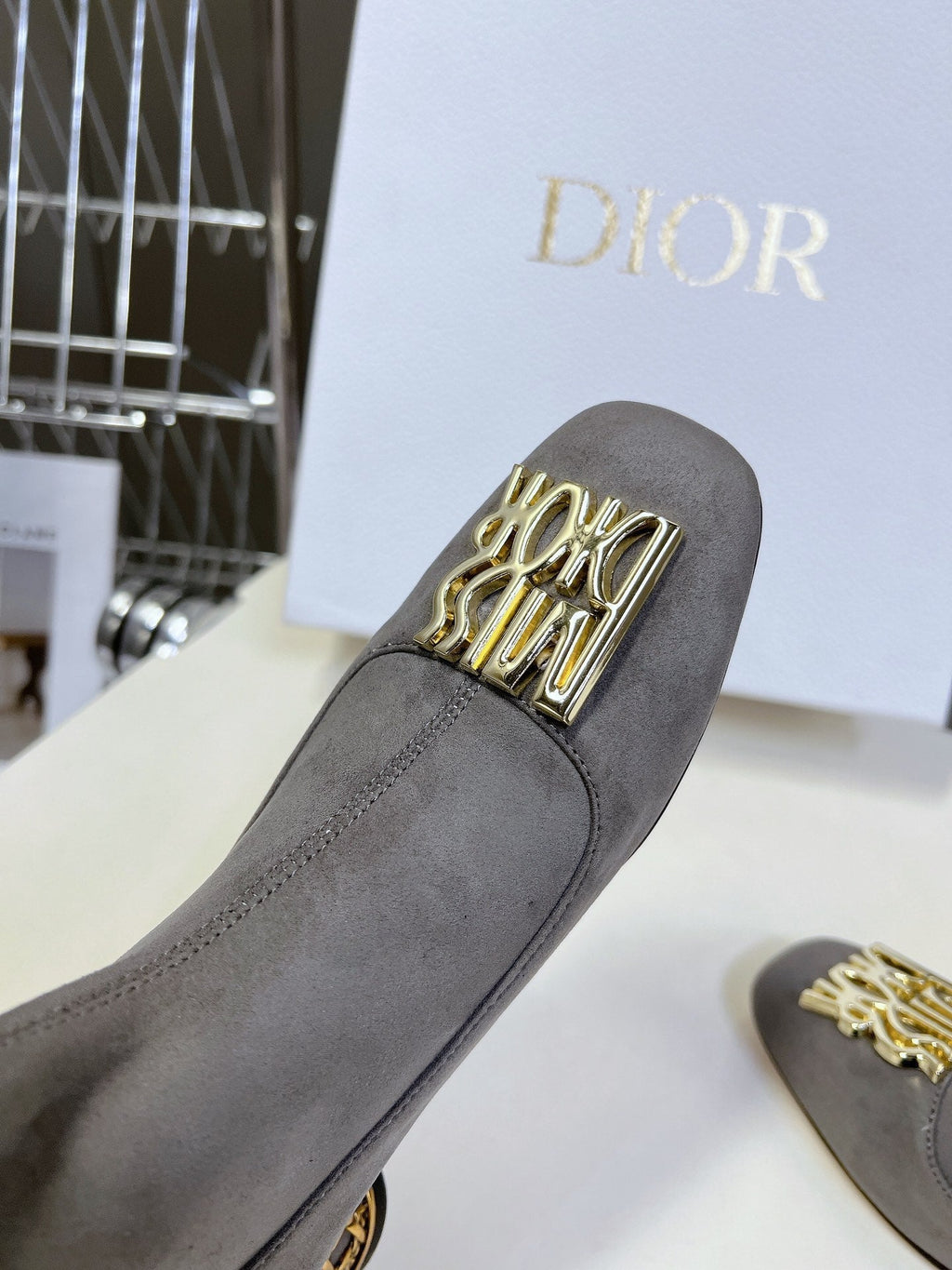 DIOR ICON HEELED ANKLE BOOT DOVE GRAY SUEDE 4 CM WITH GOLD LOGO