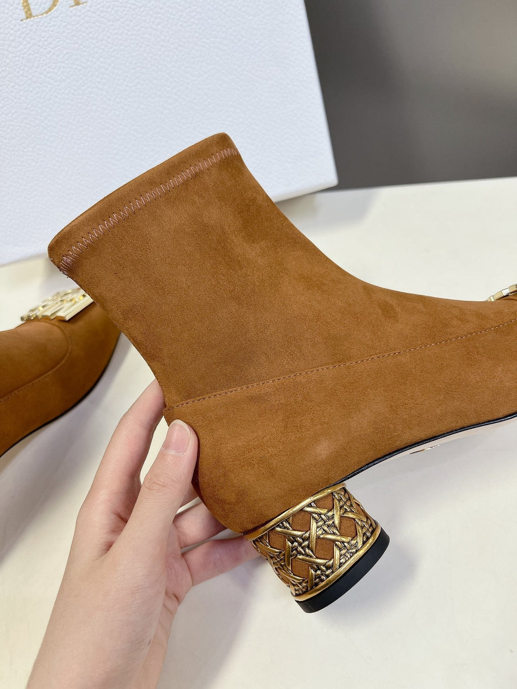 DIOR ICON HEELED ANKLE BOOT BRONZE BROWN SUEDE 4 CM WITH GOLD LOGO