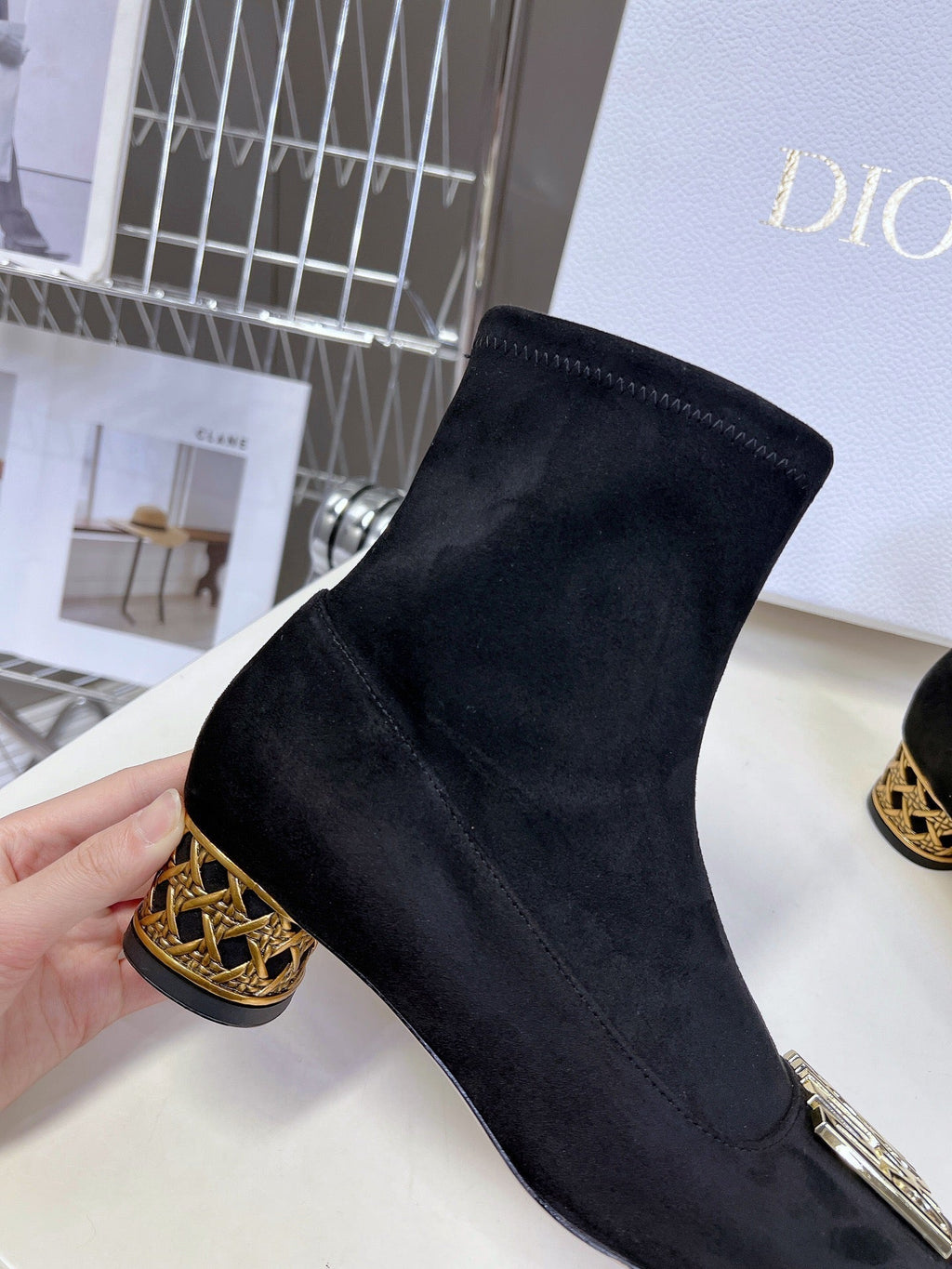 DIOR ICON HEELED ANKLE BOOT BLACK SUEDE 4 CM WITH GOLD LOGO