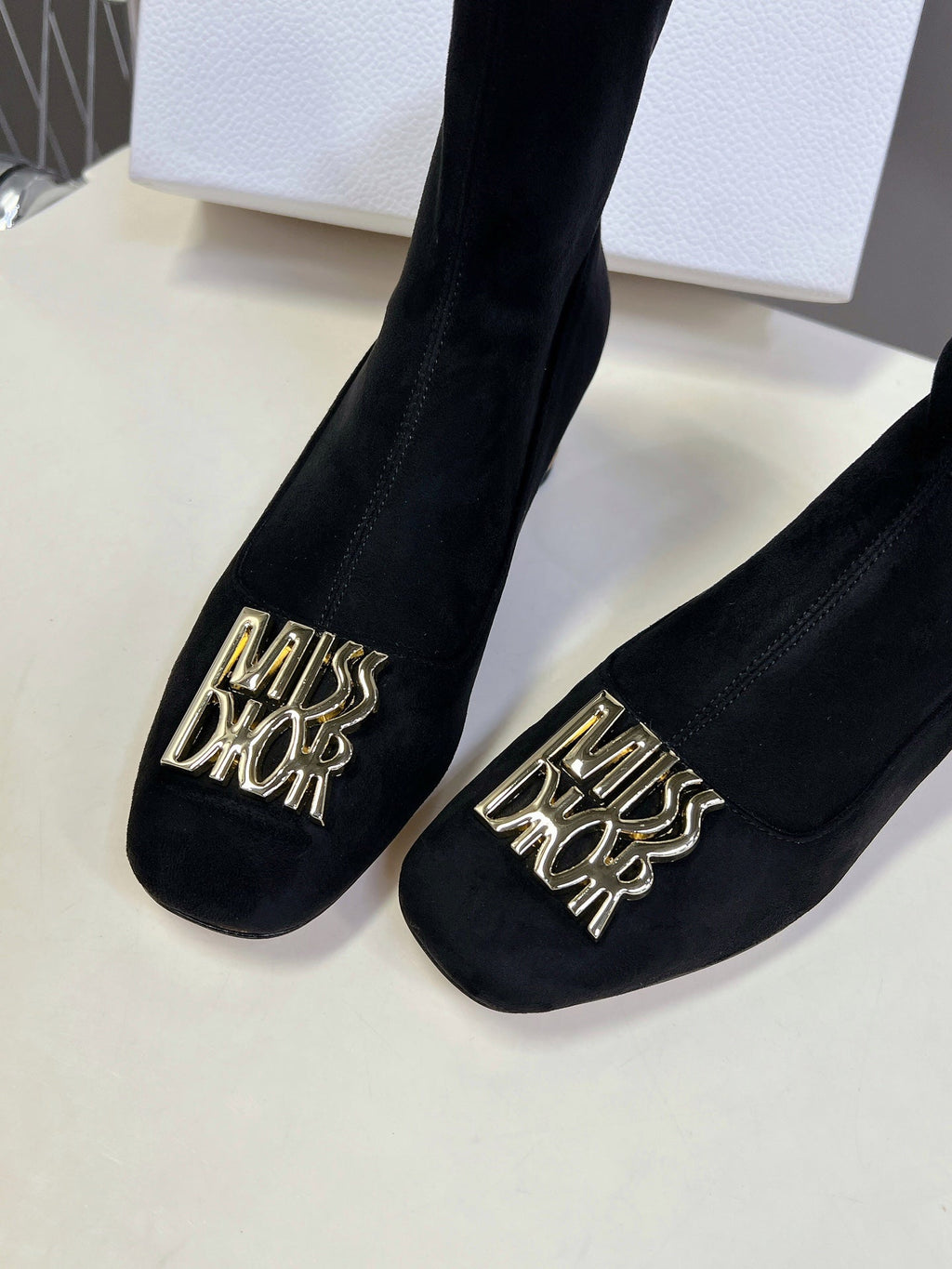DIOR ICON HEELED ANKLE BOOT BLACK SUEDE 4 CM WITH GOLD LOGO