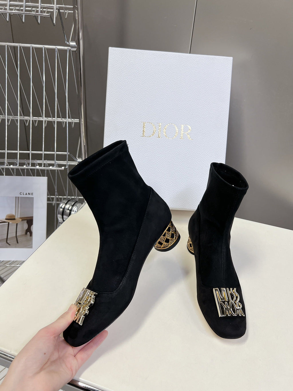 DIOR ICON HEELED ANKLE BOOT BLACK SUEDE 4 CM WITH GOLD LOGO