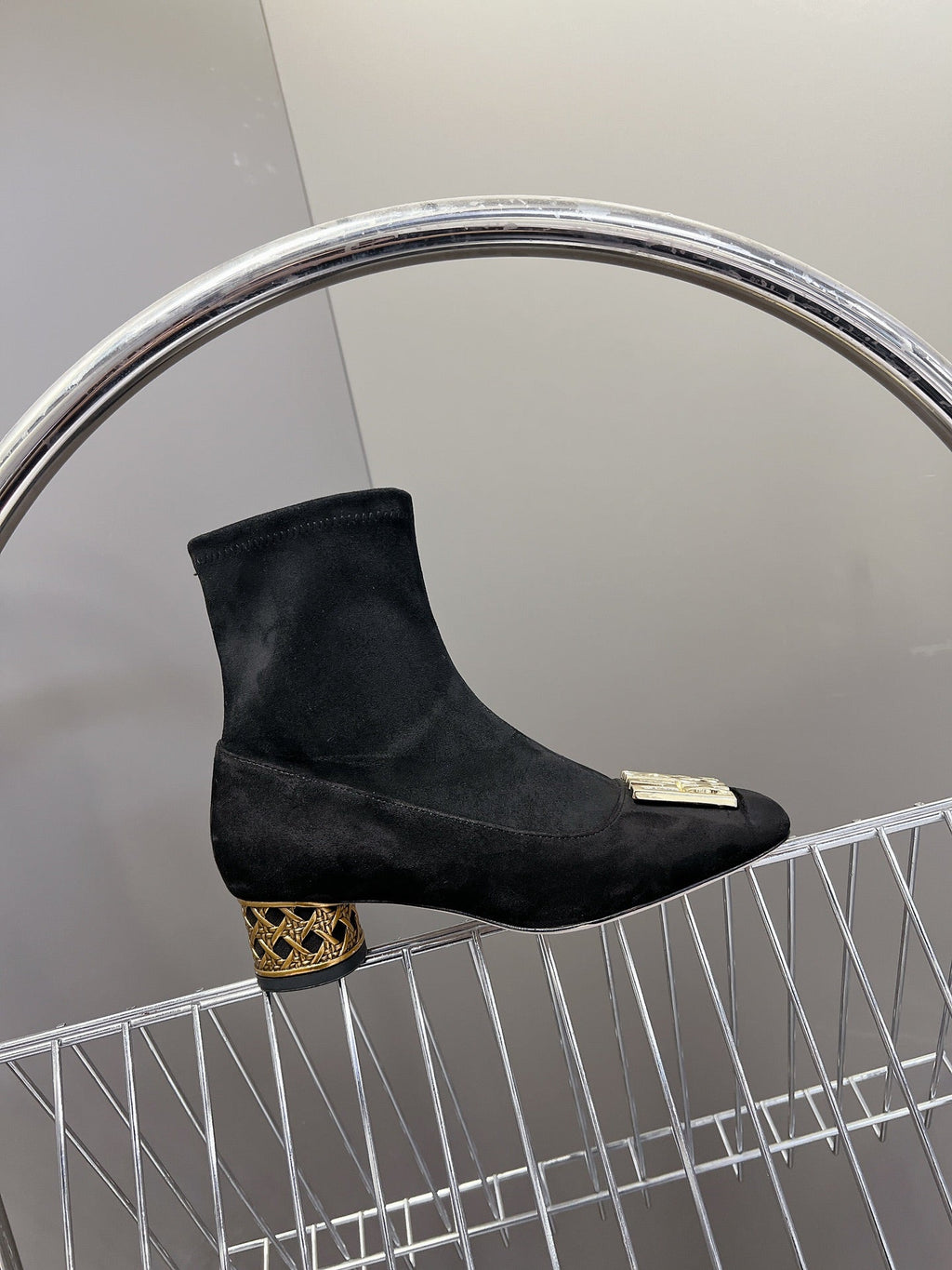 DIOR ICON HEELED ANKLE BOOT BLACK SUEDE 4 CM WITH GOLD LOGO