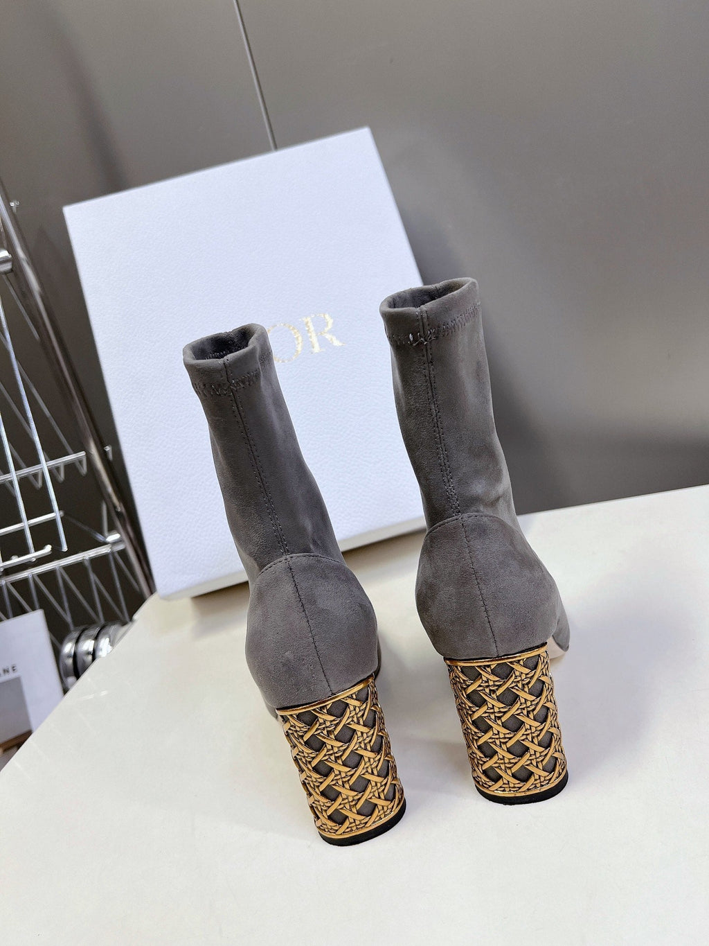DIOR ICON HEELED ANKLE BOOT DOVE GRAY SUEDE 8 CM WITH GOLD LOGO