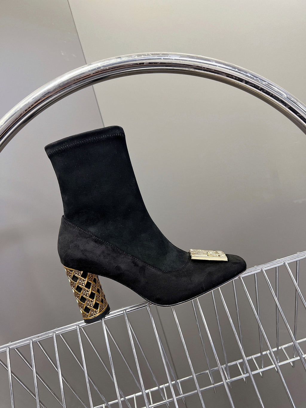 DIOR ICON HEELED ANKLE BOOT BLACK SUEDE 8 CM WITH GOLD LOGO
