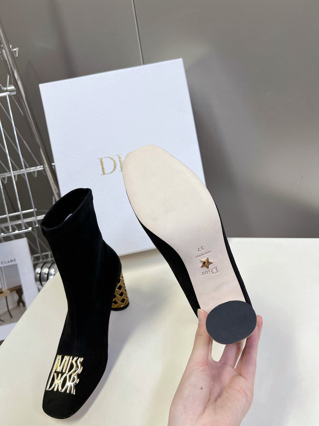 DIOR ICON HEELED ANKLE BOOT BLACK SUEDE 8 CM WITH GOLD LOGO