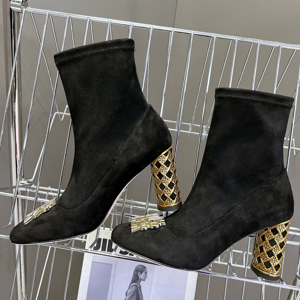 DIOR ICON HEELED ANKLE BOOT BLACK SUEDE 8 CM WITH GOLD LOGO