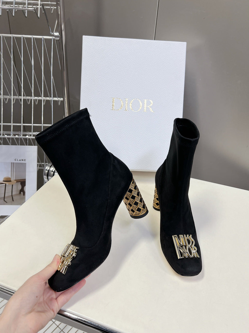 DIOR ICON HEELED ANKLE BOOT BLACK SUEDE 8 CM WITH GOLD LOGO