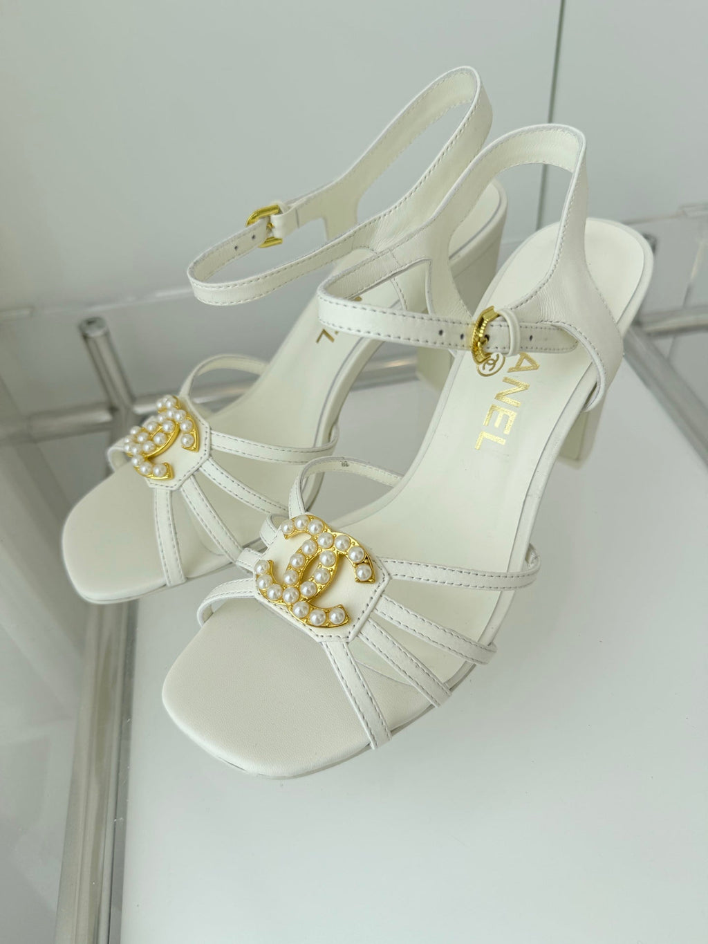 CHANEL HIGH HEEL SANDALS 85 MM IN WHITE LAMBSKIN