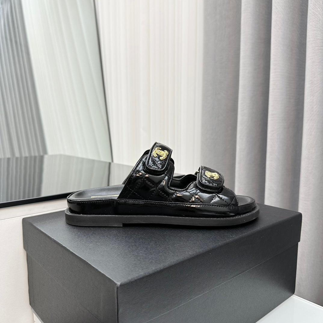 CHANEL DAD SANDALS BLACK PATENT LAMBSKIN MULES