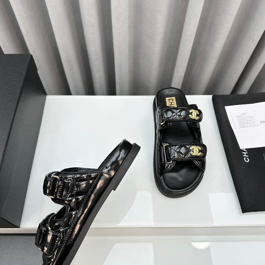 CHANEL DAD SANDALS BLACK PATENT LAMBSKIN MULES