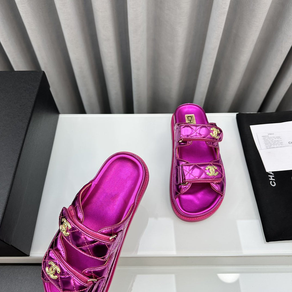CHANEL dad sandals dark pink metalic lambskin mules