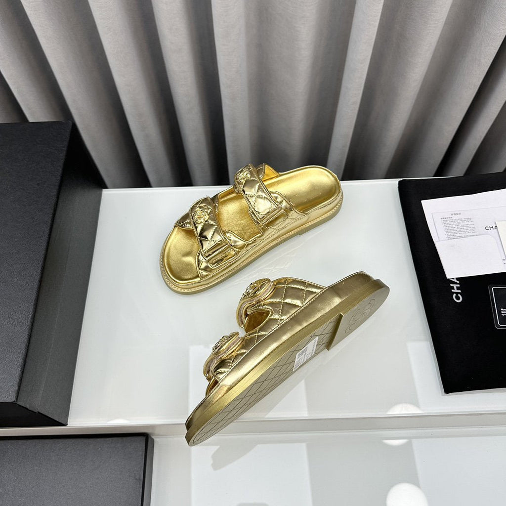 CHANEL dad sandals gold metalic lambskin mules