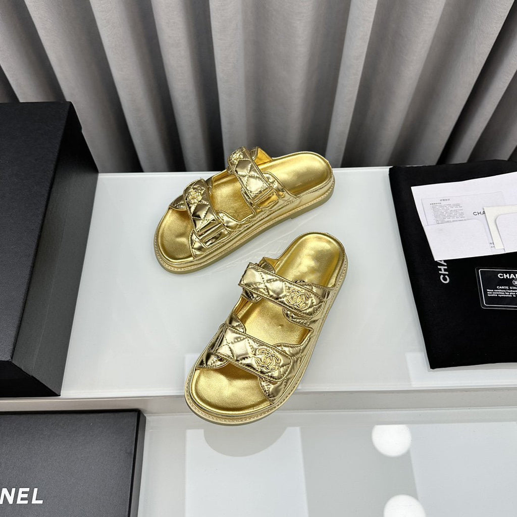 CHANEL dad sandals gold metalic lambskin mules
