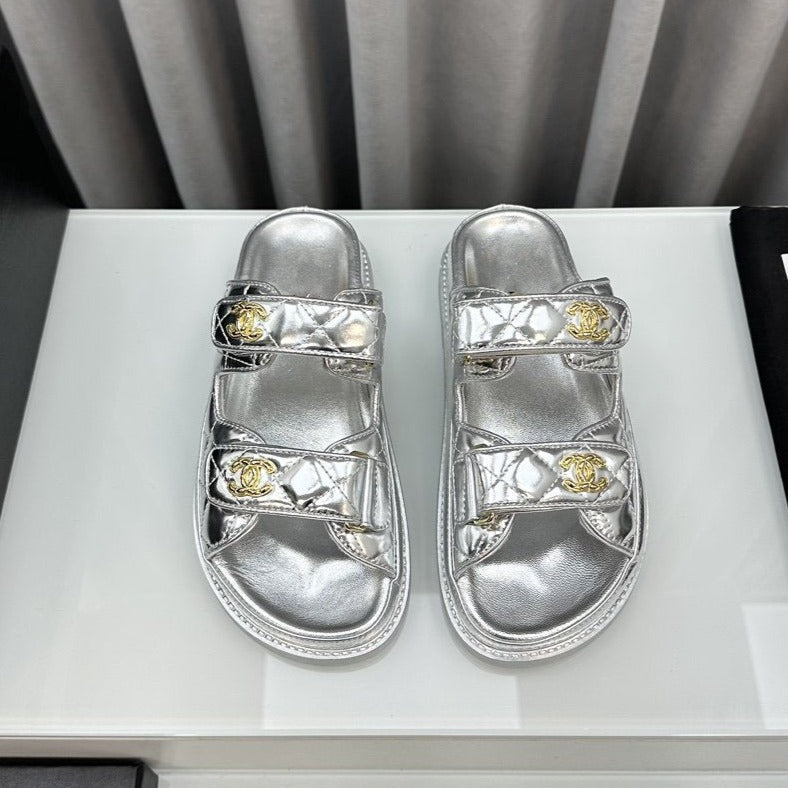CHANEL dad sandals silver metalic lambskin mules