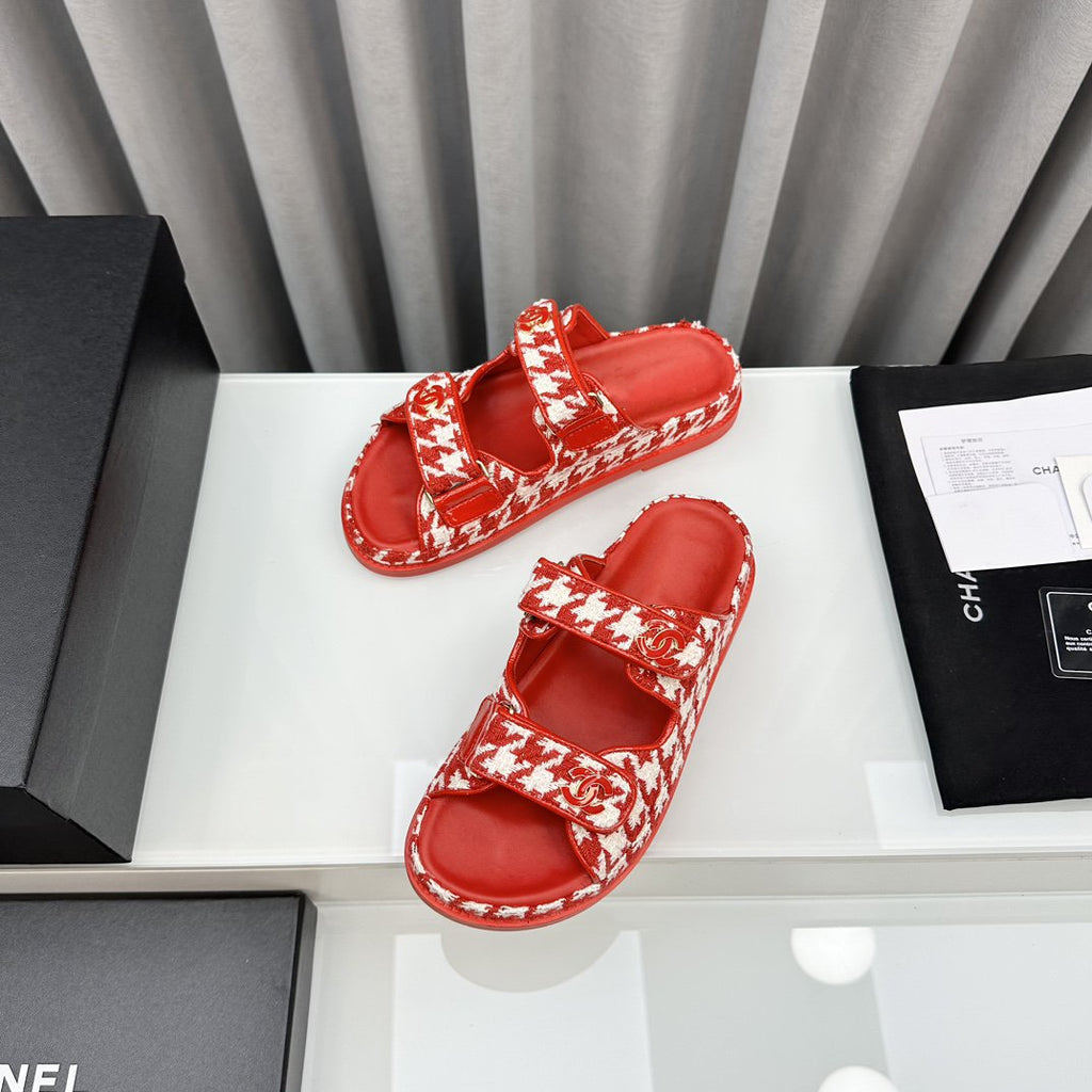 CHANEL dad sandals red white mules