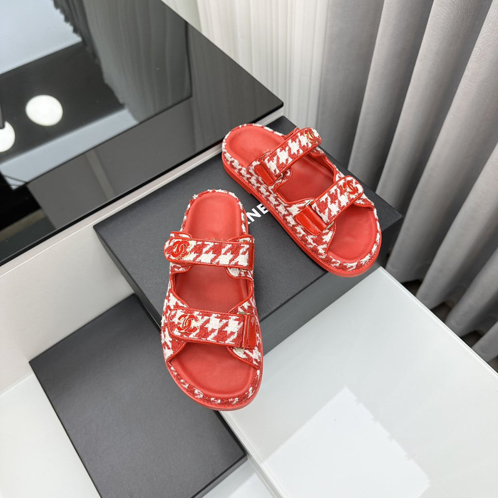 CHANEL dad sandals red white mules