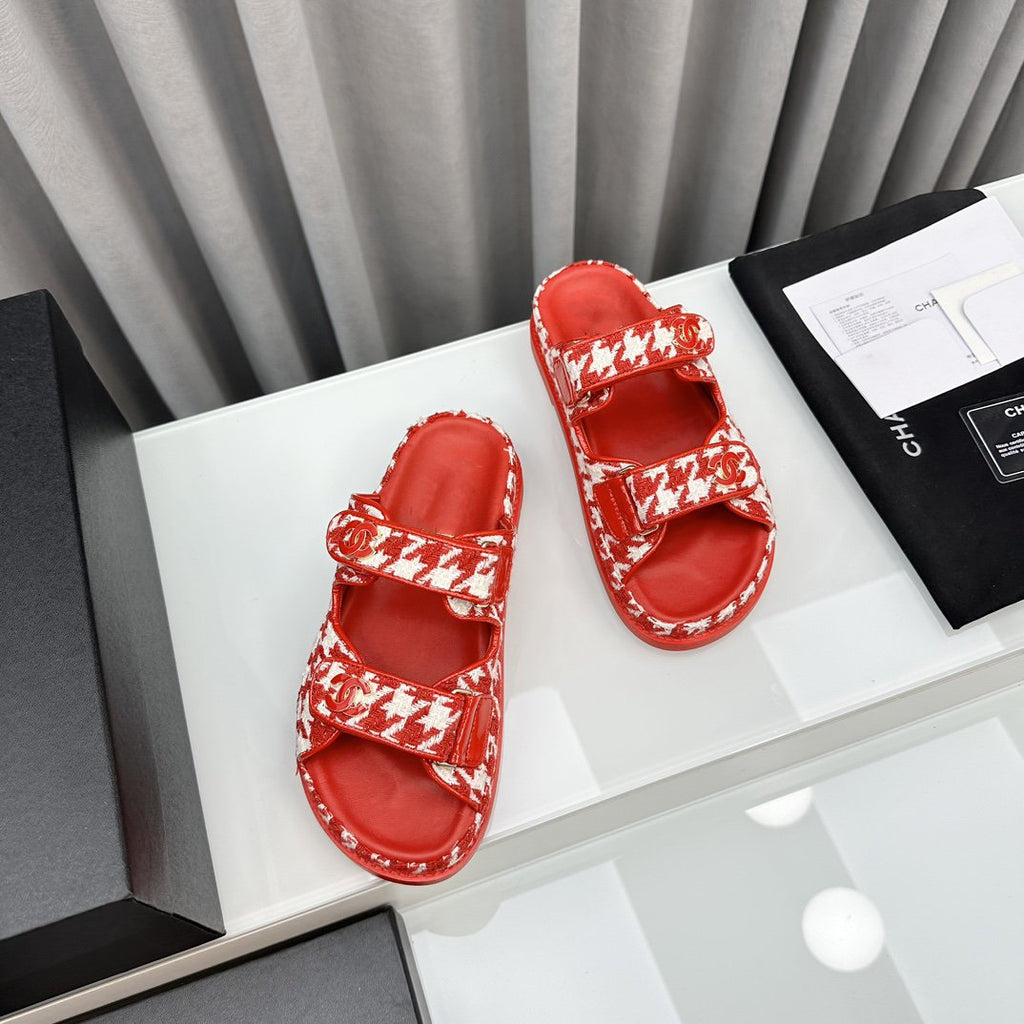 CHANEL dad sandals red white mules