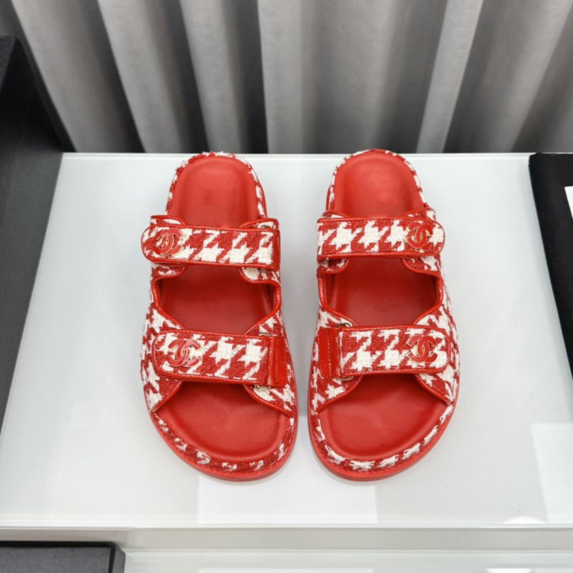CHANEL dad sandals red white mules
