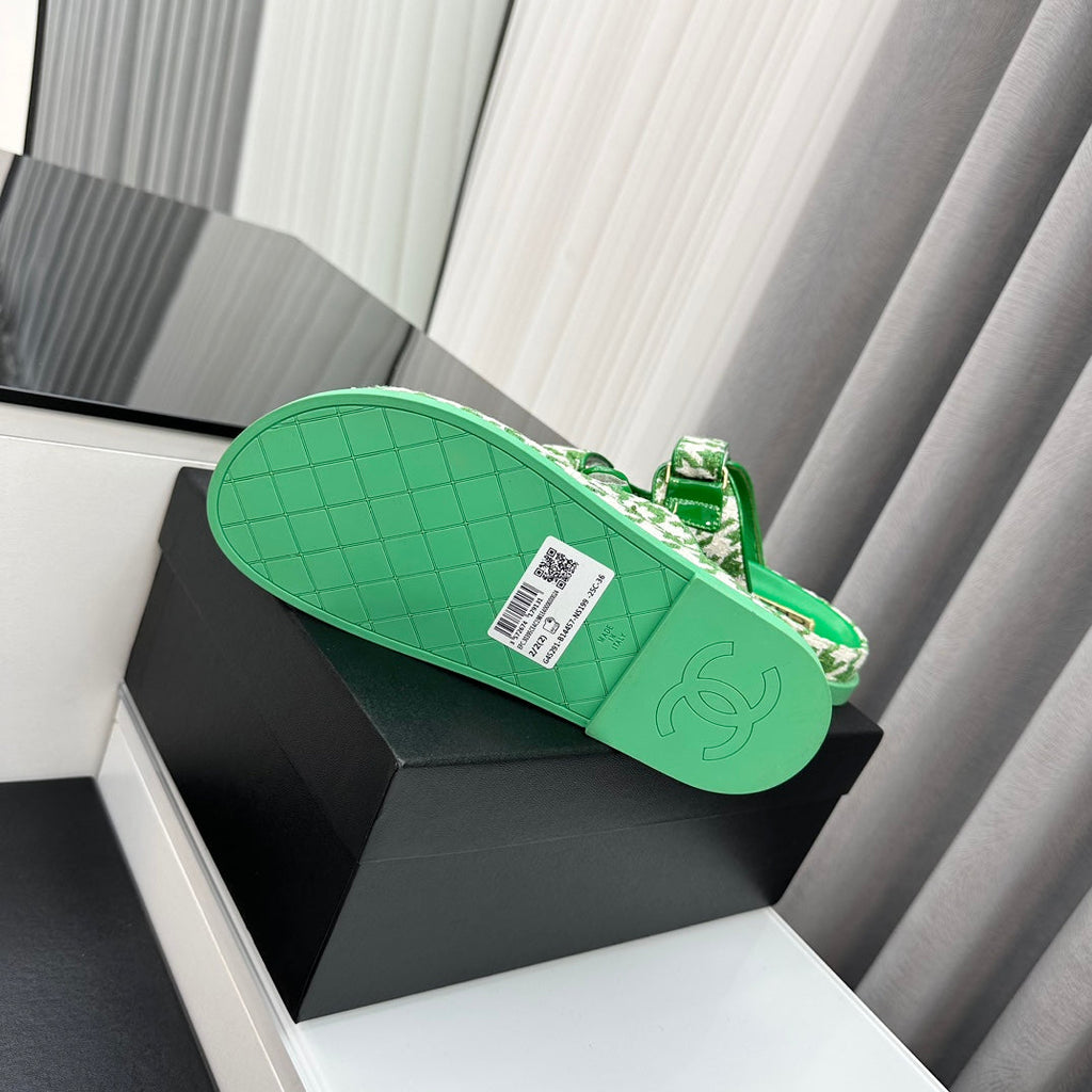 CHANEL dad sandals green white mules