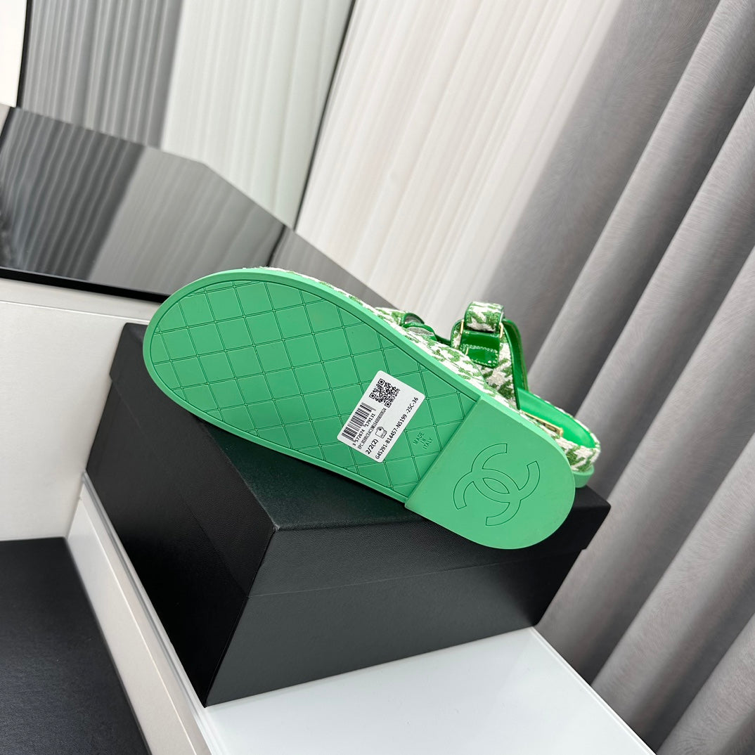 CHANEL dad sandals green white mules